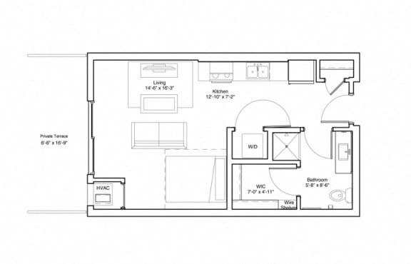 Vintage on Selby | Cary with Patio| Studio Apartment Floorplan