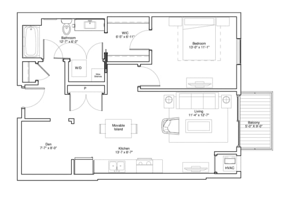 Vintage on Selby | Hayworth with Den | One Bedroom Apartment Floorplan