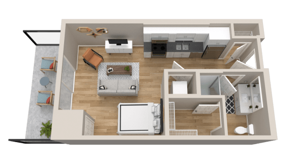 Vintage on Selby | Cary with Patio| Studio Apartment 3D Floorplan