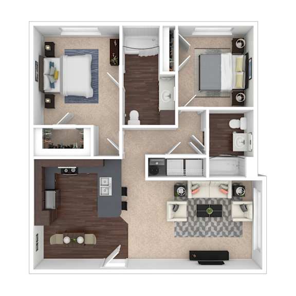 A top-down view of a small apartment layout with a kitchen, living room, and bedroom.