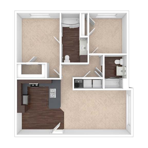 A 3D floor plan of a small apartment with a kitchen, living room, and bathroom.
