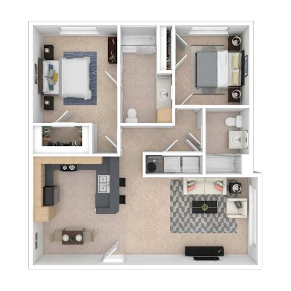 A top-down view of a small apartment layout with a kitchen, living room, and bedroom.
