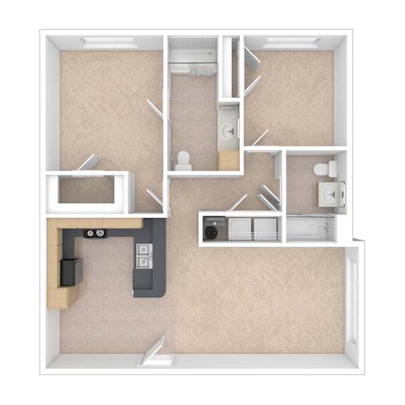 A diagram of a house layout with a kitchen, living room, and bathroom.