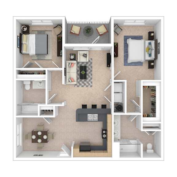 A top-down view of a small apartment layout with a kitchen, living room, and bedroom.