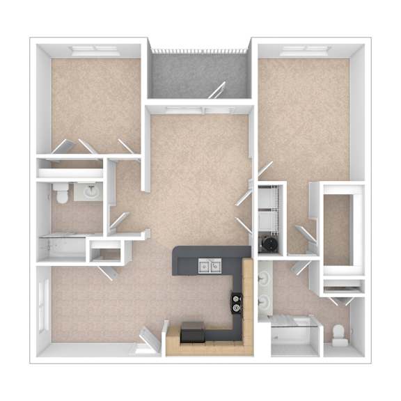 A 3D floor plan of a small apartment with a kitchen, living room, and bathroom.