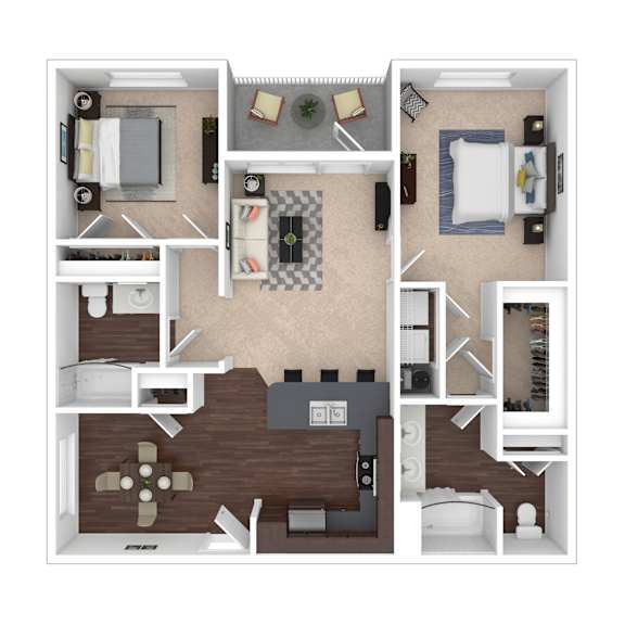 A top-down view of a small apartment layout with a kitchen, living room, and bedroom.
