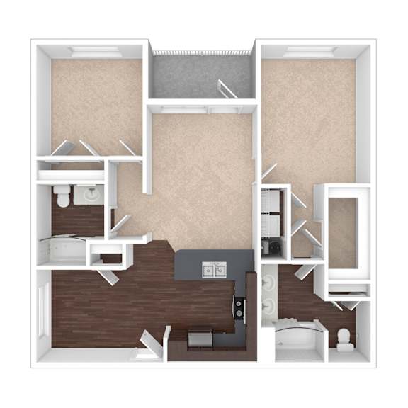 A 3D floor plan of a small apartment with a kitchen, living room, and bedroom.
