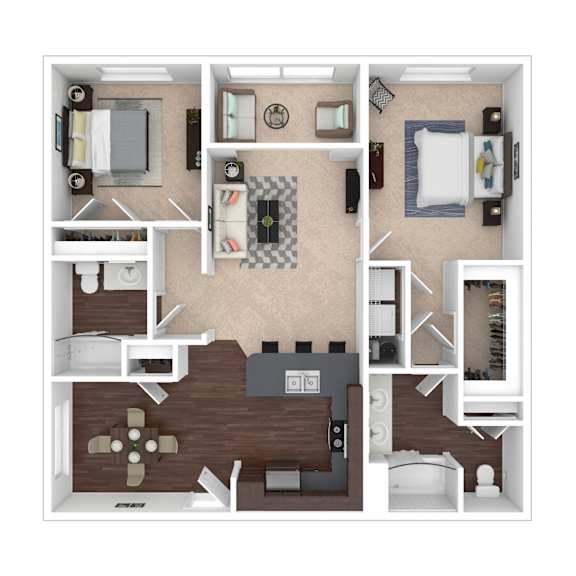A top-down view of a house layout with a kitchen, living room, and bedrooms.