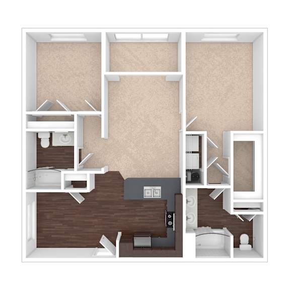 A top-down view of a modern apartment layout with a kitchen, living room, and bedrooms.