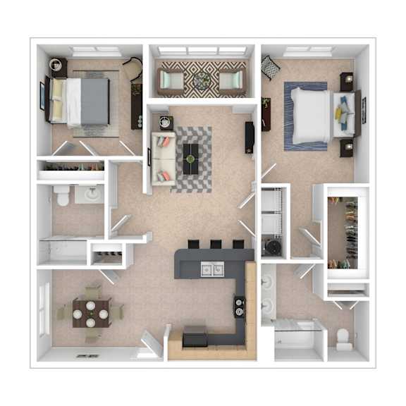 A top-down view of a small apartment with a kitchen, living room, and bedroom.