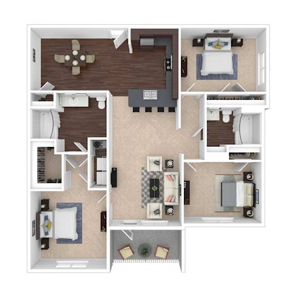 A top-down view of a small apartment layout with a kitchen, living room, and two bedrooms.