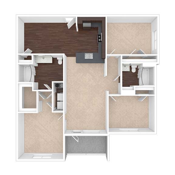 A 3D rendered image of a house layout.