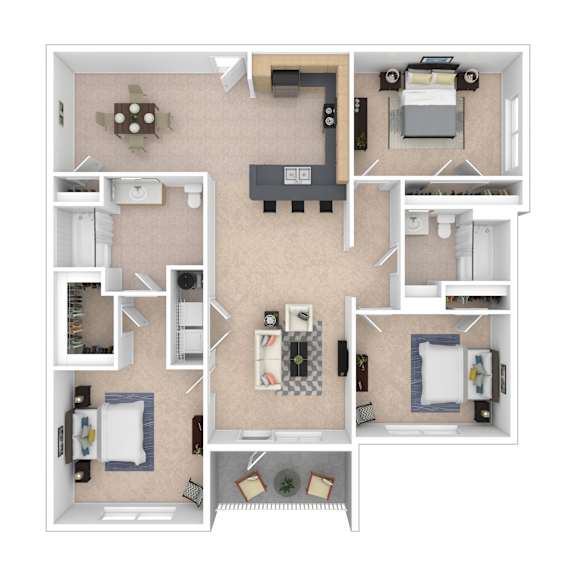 A 3D floor plan of a small apartment with a kitchen, living room, and bedroom.