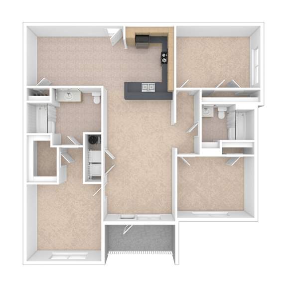 A 3D floor plan of a house with a kitchen, living room, and two bedrooms.