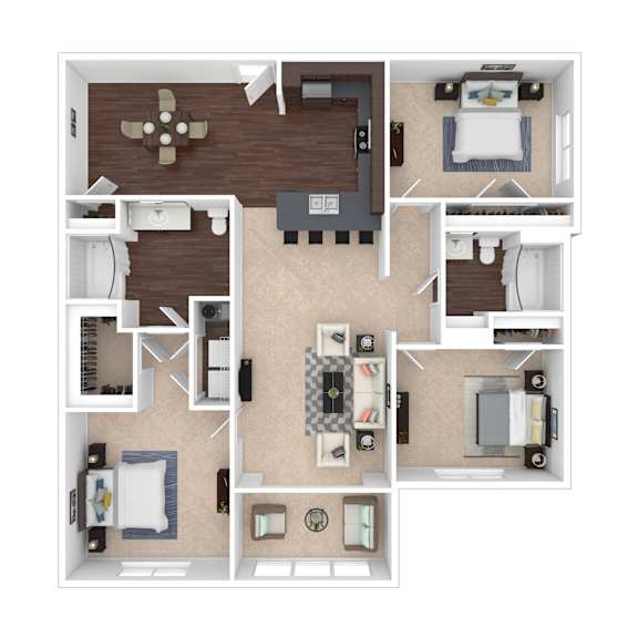 A top-down view of a house layout with a living room, kitchen, and bedrooms.