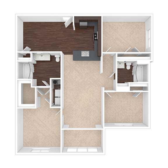 A 3D rendered image of a house layout.