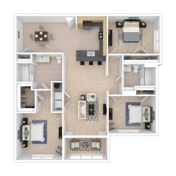 A top-down view of a small apartment layout with a kitchen, living room, and bedrooms.