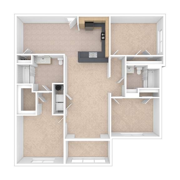 A 3D floor plan of a house with a kitchen, living room, and two bedrooms.