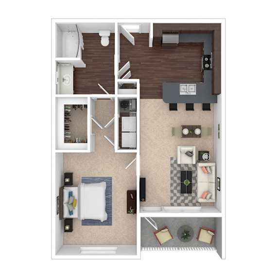 A top down view of a small apartment with a bedroom, living room, and kitchen.