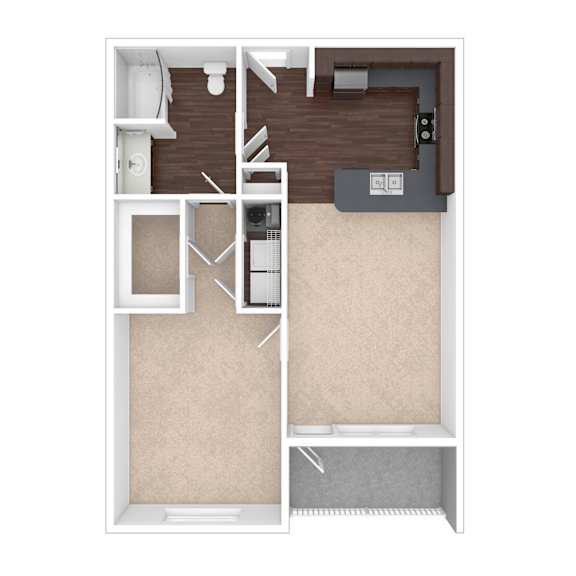 A diagram of a small apartment with a kitchen, living room, and bathroom.