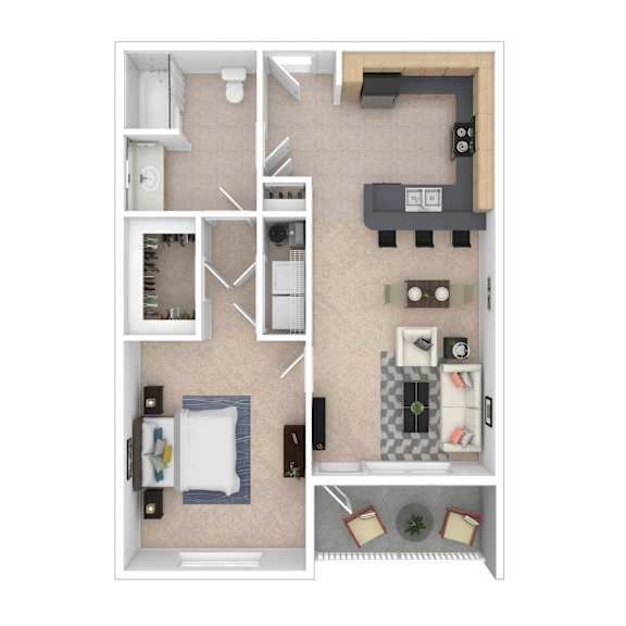 A floor plan of a small apartment with a kitchen, living room, and bathroom.
