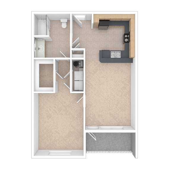 A floor plan of a small apartment with a kitchen, living room, and bathroom.