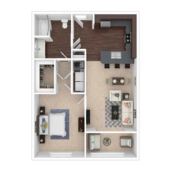 A top-down view of a small apartment with a bedroom, living room, and kitchen.