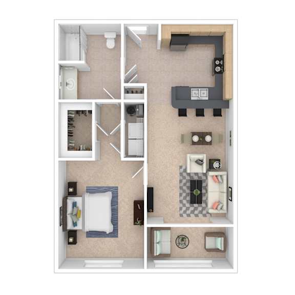 A floor plan of a small apartment with a kitchen, living room, and two bedrooms.