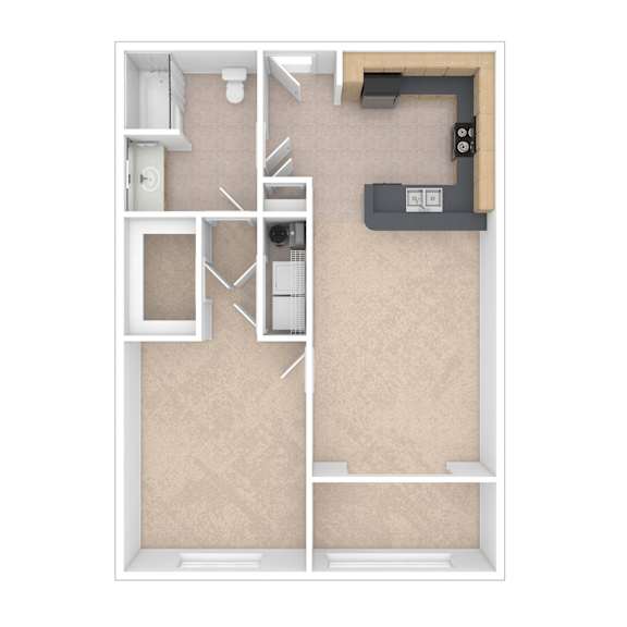 A floor plan of a small apartment with a kitchen, living room, and bathroom.