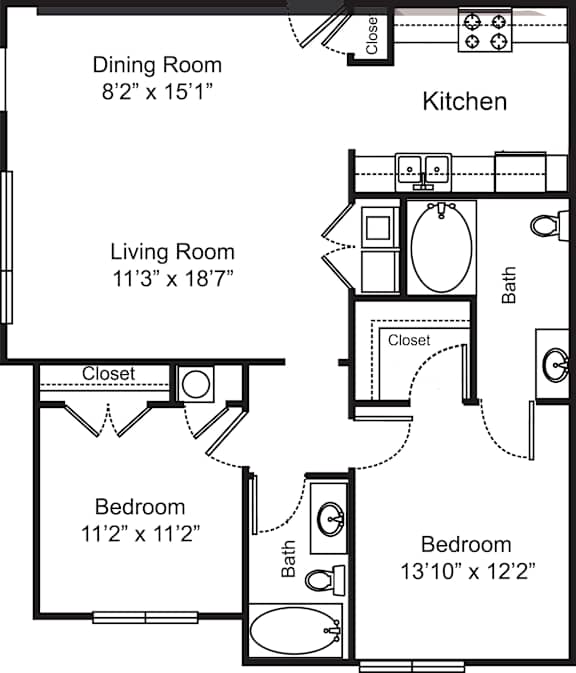 A floor plan of a small apartment with a living room, dining room, kitchen, and two bedrooms.