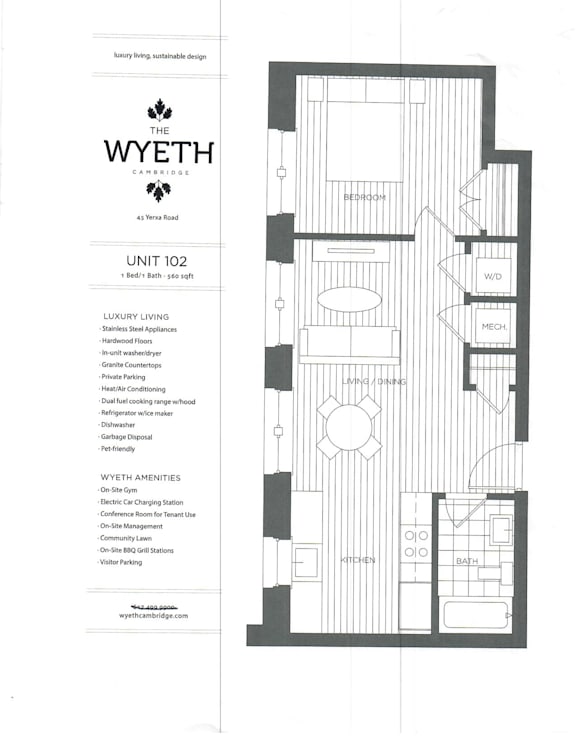 A black and white image of a floor plan for a unit at The Wyeth Cambridge.