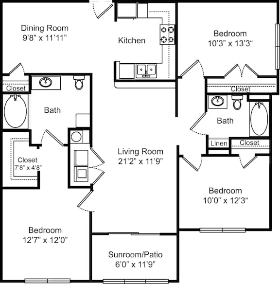 A floor plan of a house with a living room, two bedrooms, a kitchen, a dining room, a bathroom, and a closet.