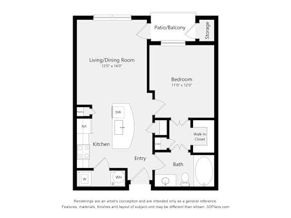 A floor plan of a home with a living/dining room, kitchen, bath, bedroom, and storage.