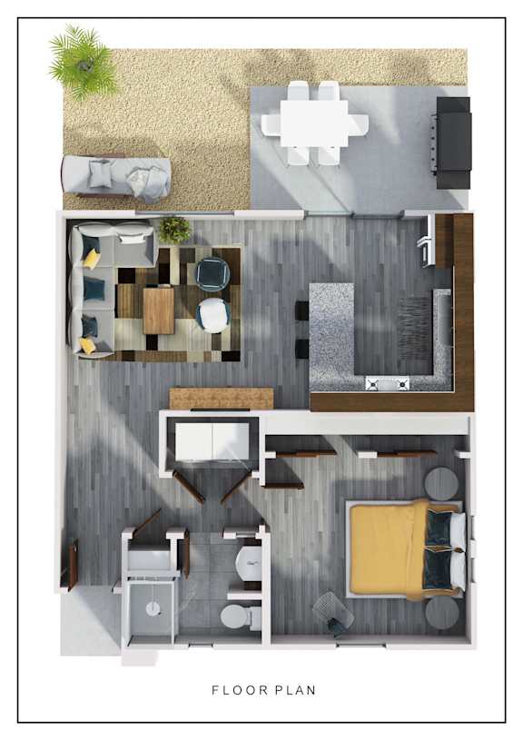 A floor plan of a room with a kitchen, dining area, and living room.