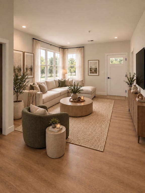 A modern living room with a large couch, a coffee table, and a flat-screen TV.