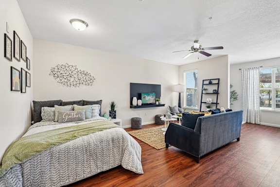 A bedroom with a bed, a couch, and a television.