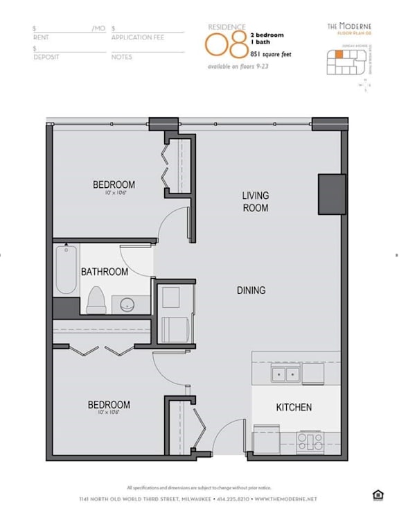 A floor plan of a residence with two bedrooms, a living room, a dining area, a kitchen, and a bathroom.