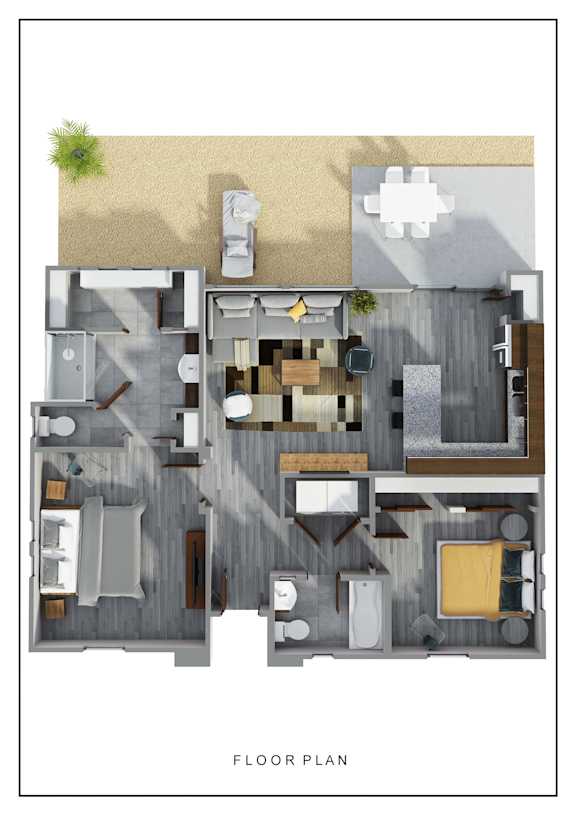 A floor plan of a house with a kitchen, living room, and bathroom.