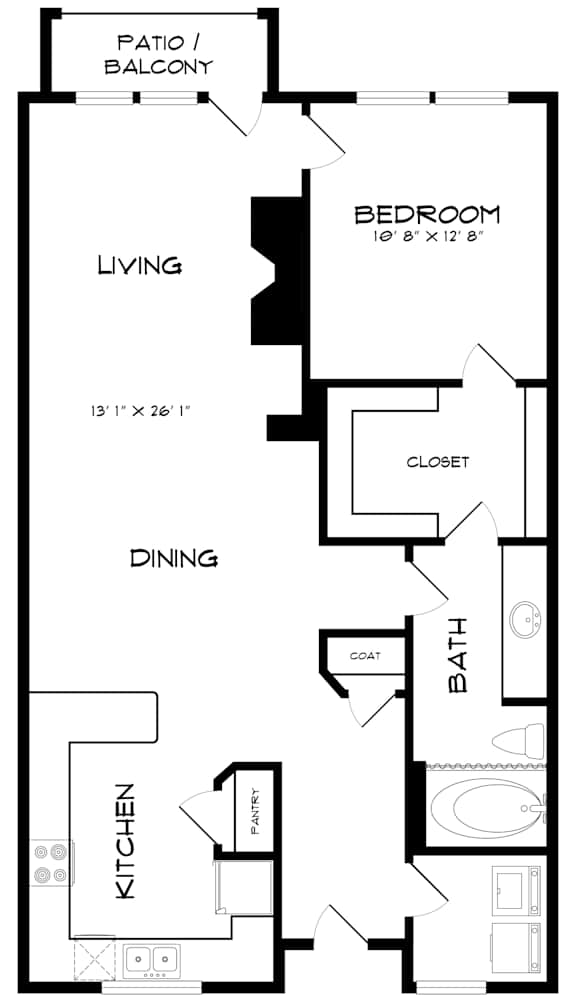 A black and white floor plan of an apartment with a living room, dining room, kitchen, bedroom, bathroom, and closet.