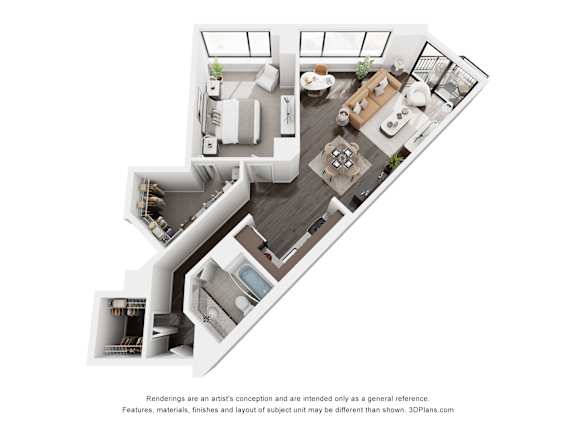 A 3D floor plan of a house with a kitchen, living room, and bathroom.