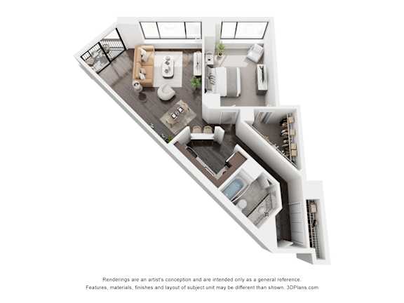A 3D floor plan of a house with a kitchen, living room, and bathroom.