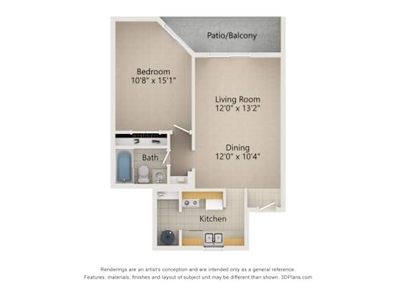 A floor plan of a small apartment with a bathroom, bedroom, living room, dining area and kitchen.
