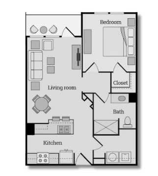 One bedroom apartment with open floor plan and balcony