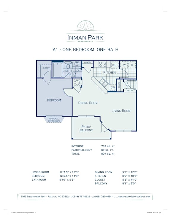 A blueprint of a one bedroom apartment with a living room, dining room, and kitchen.