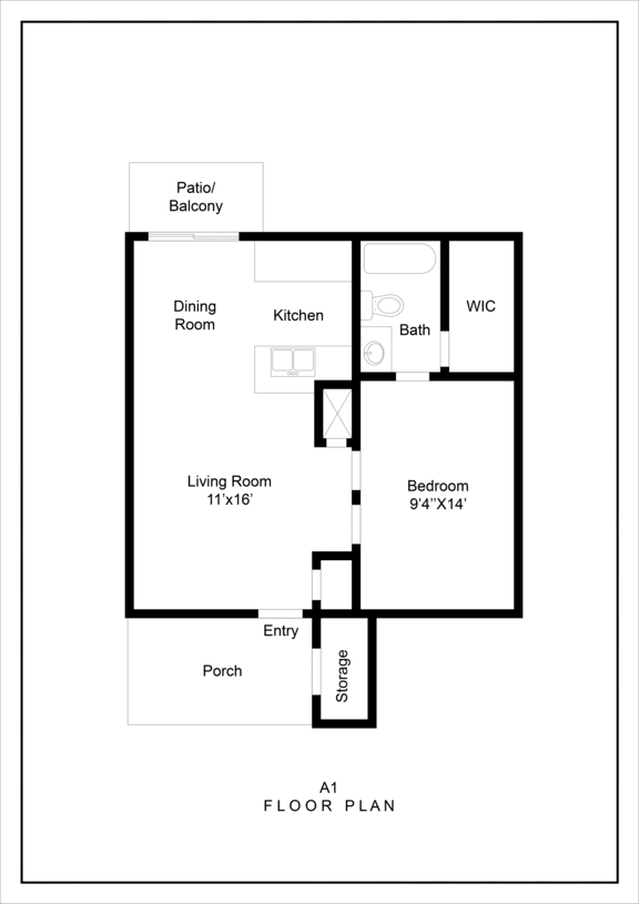 A floor plan of a house with a living room, dining room, kitchen, bath, and bedroom.