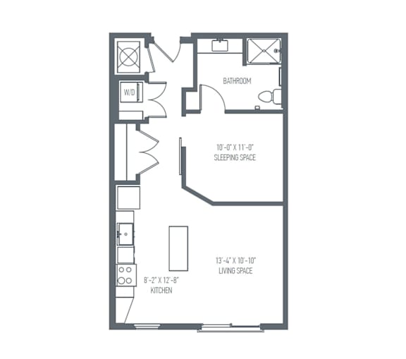 A floor plan of a small apartment with a kitchen, living space, and bathroom.