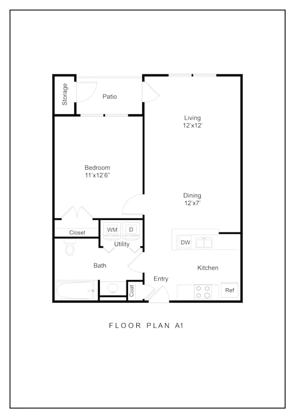 A floor plan of a home with a living room, dining room, bedroom, closet, bathroom, and kitchen.