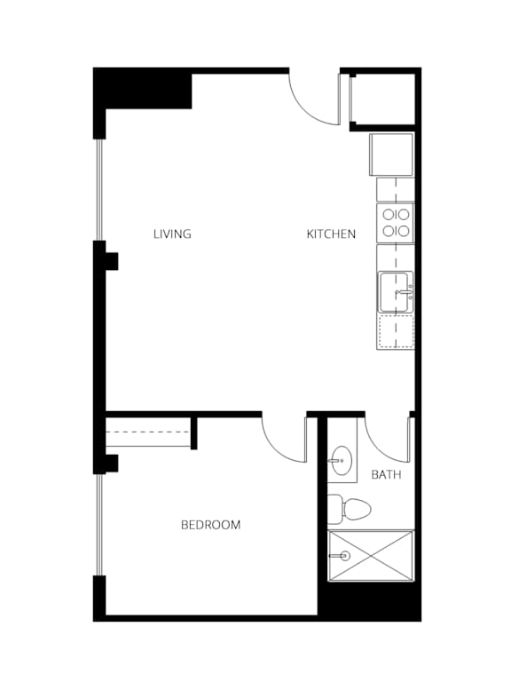 A floor plan of a small apartment with a living room, kitchen, bathroom and bedroom.