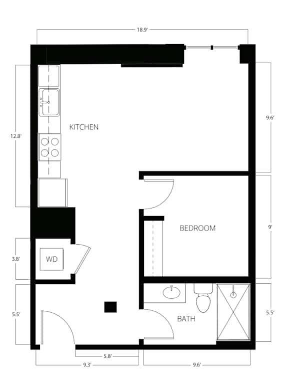 A floor plan of a house with a kitchen, bathroom, and bedroom.