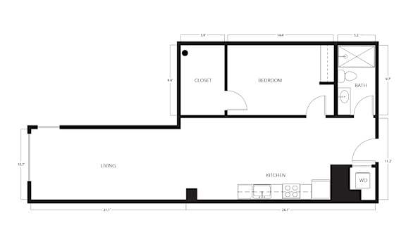 A floor plan of a small apartment with a living room, kitchen, and bedroom.
